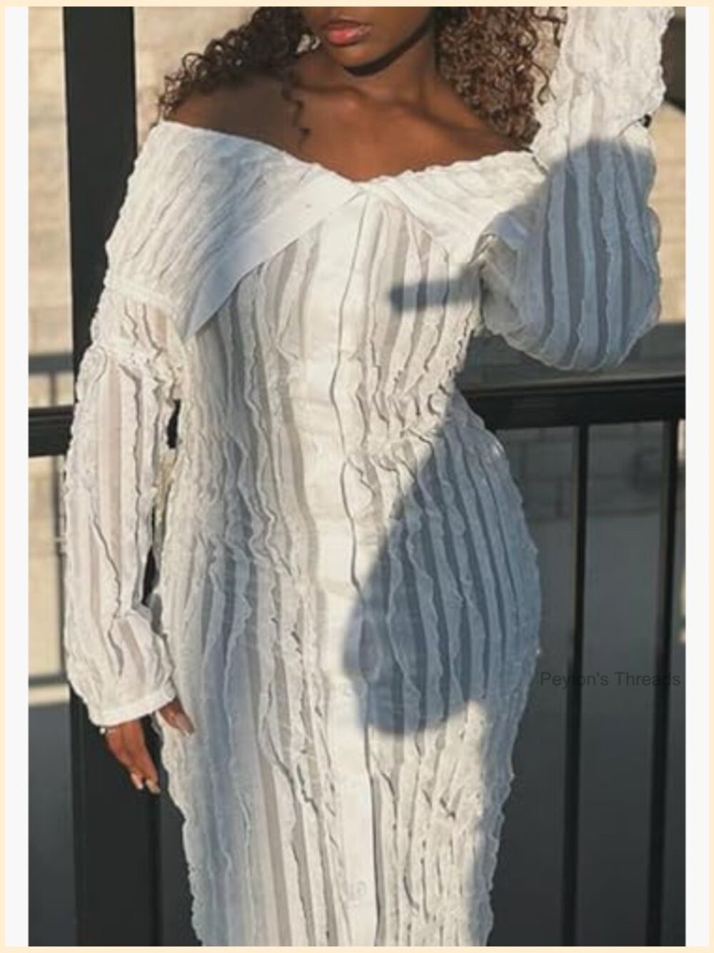 Off Shoulder Maxi Dress Long Sleeve Button Down Ruffle Mesh Bodycon Sexy - Picture 3 of 7